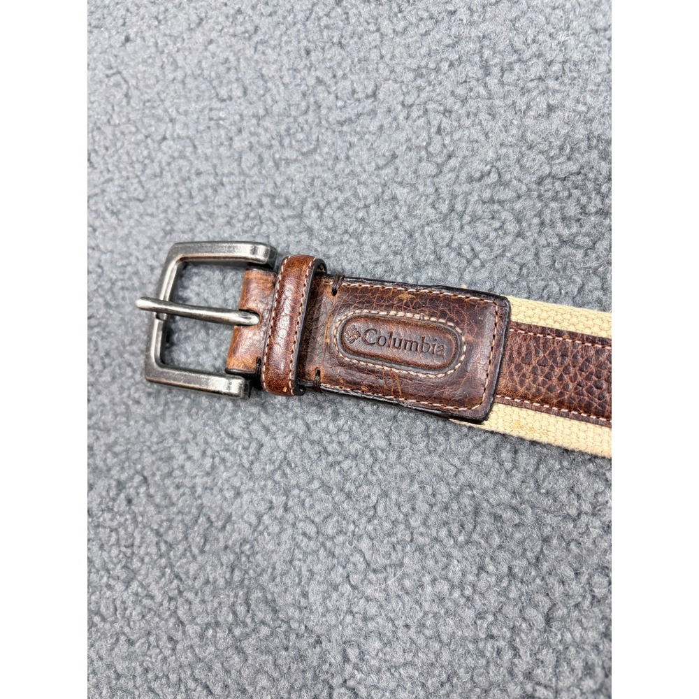 Columbia Webbing Belt Mens 44 Brown Leather Trim Cotton Canvas 11CO0331 Outdoor